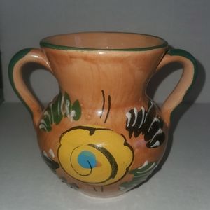 Vintage handpainted double-handled Ukrainian pottery pitcher or planter.